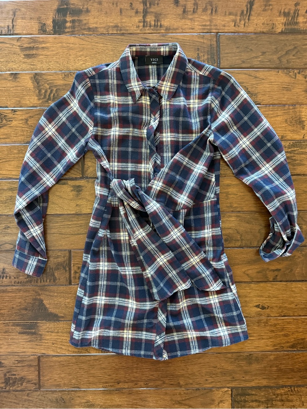 VICI Navy and Burgundy Plaid Shirt Dress